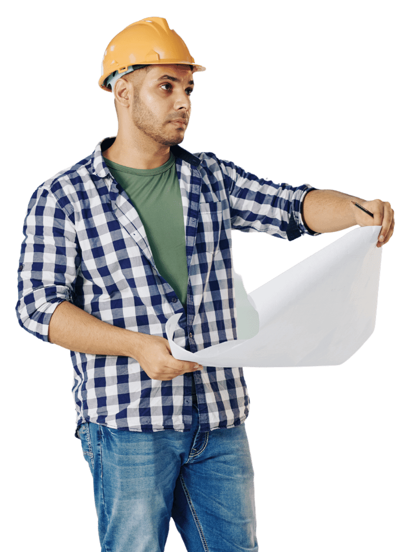 Man inspecting design with layout in hand